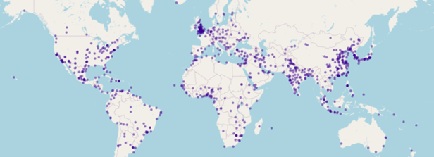 world map with dots showing where stripes have been created